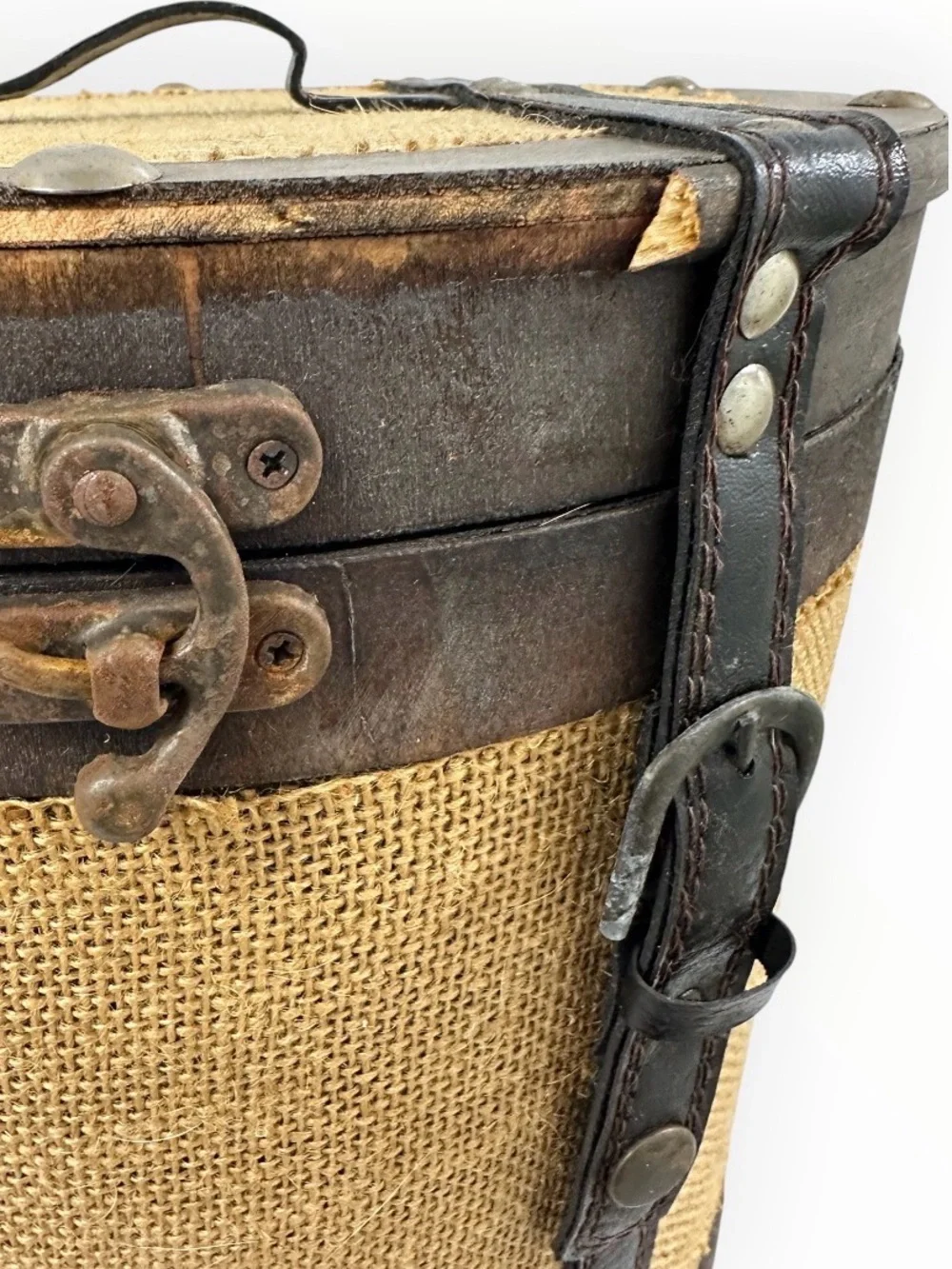Rustic Round Wood Burlap Storage Box Vintage Style Home Decor 10.5”